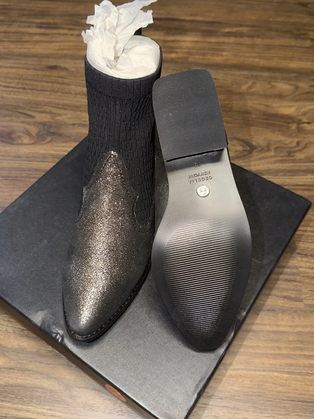 CECELIA NEW YORK Black Glitter Pointed Sock Boots
